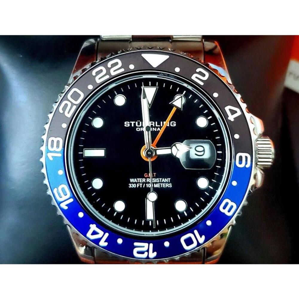 Rare Swiss Batman Stuhrling GMT Stainless Mens Diver Watch